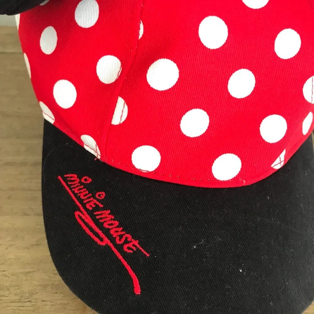 Disney Parks Girls Minnie Mouse Red & Black Polka Dot Baseball Hat Cap Ears Bow